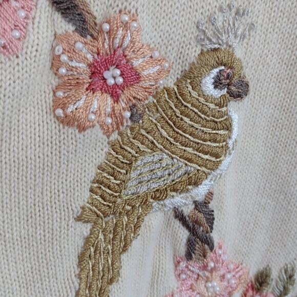 Vintage Heirloom Collectibles Embroidered Cream Floral Bird Cottagecore Cardigan - Picture 12 of 15